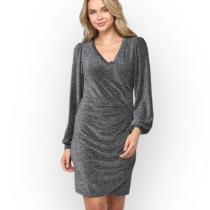 Maven West Date Night Silver Metallic Shirred Dress W1940 Sz S